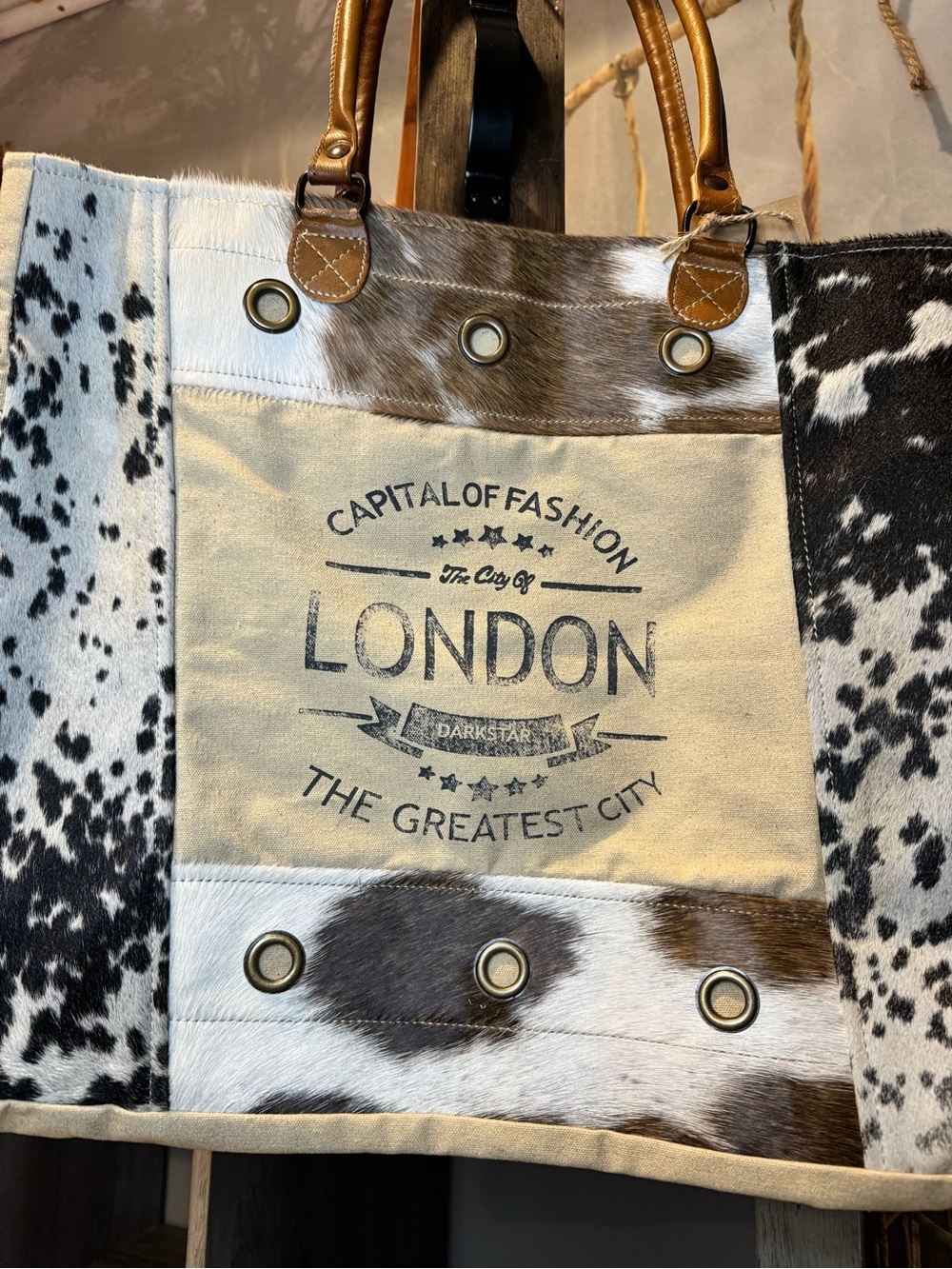 London Graphic Cowhide Tote Bag in Black, White & Brown